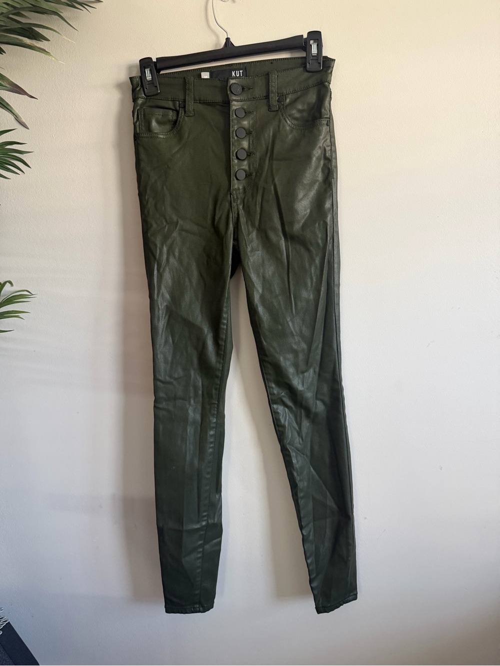 Kut from the Kloth Olive Green Coated Button-Front Skinny Jeans